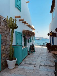 Bodrum mavi beyaz sokaklar ve deniz manzarasi